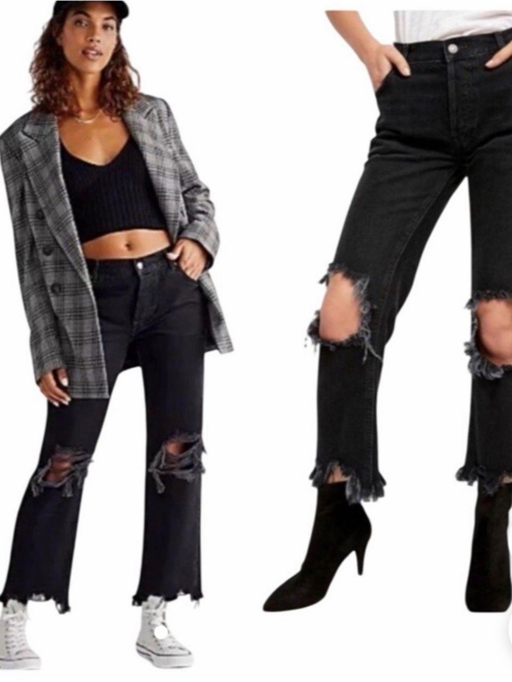 Free People Black button up Distressed Straight Jeans 31